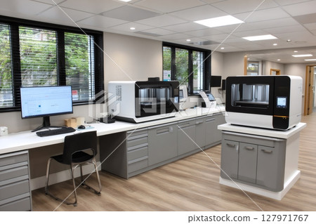 Modern dental laboratory showing 3d printers and computers 127971767