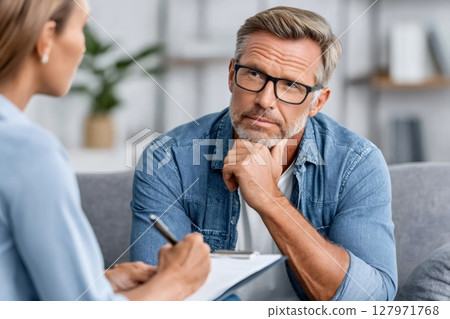 Psychologist listening to patient talking about problems during therapy session 127971768