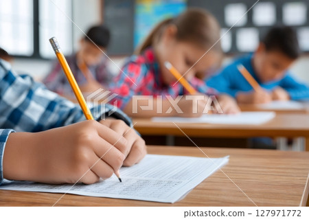 Elementary school students taking test in classroom 127971772