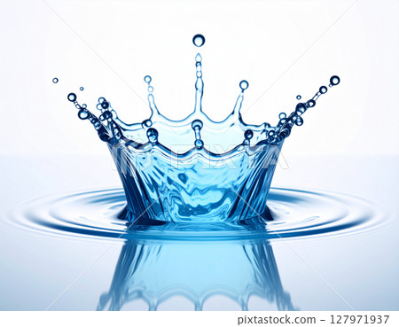 Blue transparent liquid milk crown and ripples Blue transparent liquid milk crown and ripples 127971937