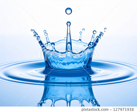 Blue transparent liquid milk crown and ripples Blue transparent liquid milk crown and ripples 127971938