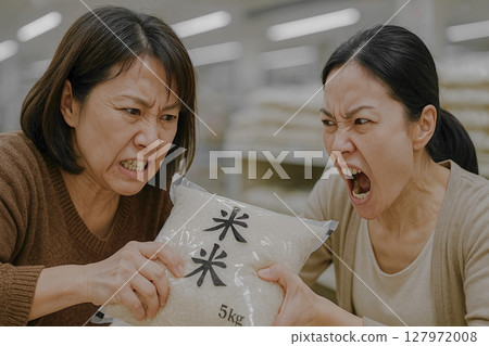 Japanese middle-aged women and housewives fighting over stockpiled rice 127972008