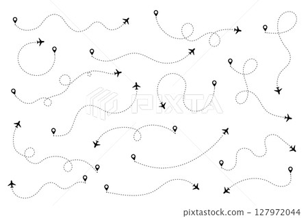 Line and plane icon for travel and flight trip with air map and vector path. A dashed route with dots and trace for airport plan or destination background. Simple graphic element. 127972044