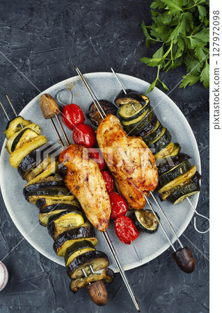 Grilled chicken skewers. Grilled chicken skewers. 127972098