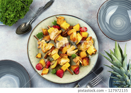 Fruit and meat skewers, BBQ with kebab. 127972135