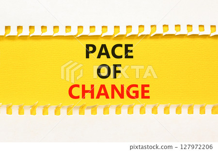Pace of change symbol. Concept words Pace of change on beautiful yellow paper. Beautiful yellow white background. Business pace of change concept. Copy space. 127972206