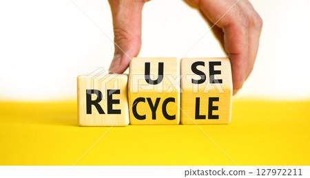 Reuse or recycle symbol. Concept words Reuse Recycle on wooden block. Beautiful yellow table white background. Businessman hand. Business reuse or recycle concept. Copy space. 127972211