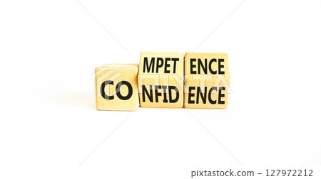 Competence and confidence symbol. Concept word Competence Confidence on wooden cubes. Beautiful white table white background. Business competence confidence concept. Copy space. 127972212