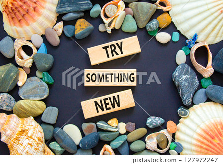 Try something new symbol. Concept words Try something new on beautiful block. Sea stones and shells. Beautiful black background. Business motivational lifestyle try something new concept. Copy space. Try something new symbol. Concept words Try something new on beautiful block. Sea stones and shells. Beautiful black background. Business motivational lifestyle try something new concept. Copy space. 127972247