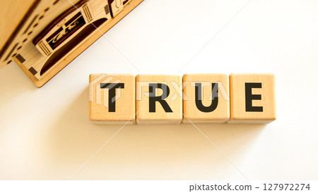 True symbol. Concept word True on beautiful wooden blocks. Beautiful wooden house. Beautiful white table white background. Business, lifestyle, support and true concept. Copy space. 127972274