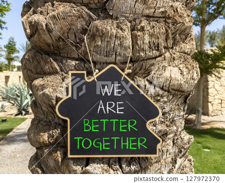 We are better together symbol. Concept words phrase We are better together on beautiful black blackboard. Beautiful old palm tree background. Business We are better together concept. Copy space. 127972370