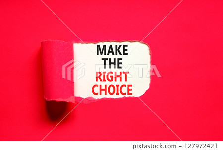 Make the right choice symbol. Concept words phrase Make the right choice on beautiful white paper. Beautiful red paper background. Business Make the right choice concept. Copy space. Make the right choice symbol. Concept words phrase Make the right choice on beautiful white paper. Beautiful red paper background. Business Make the right choice concept. Copy space. 127972421