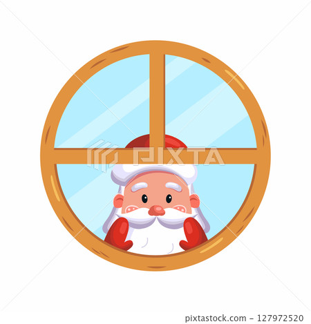 Santa Claus looks out window. Vector illustration for New Year. Cartoon style character. 127972520