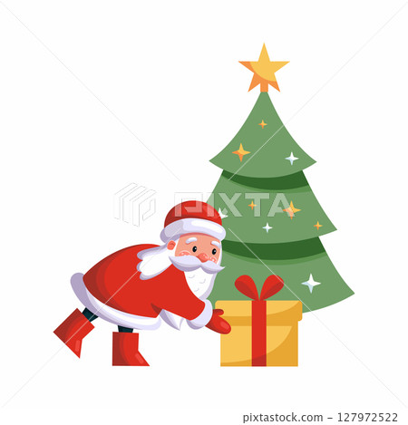 Santa Claus or Russian Father Frost puts gift under Christmas tree. Vector illustration for New Year. Cartoon style character. 127972522