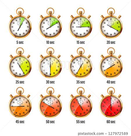 Realistic classic stopwatch. Shiny golden metal chronometer, time counter with dial. Colorful countdown timer showing minutes, seconds. Time measurement for sport, start, finish. Vector illustration Realistic classic stopwatch. Shiny golden metal chronometer, time counter with dial. Colorful countdown timer showing minutes, seconds. Time measurement for sport, start, finish. Vector illustration 127972589