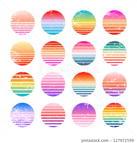 Grunge vintage colorful sunset. Striped gradient sunrise badges in 80s and 90s style. Sun and ocean view, summer vibes, surfing. Design element for print, logo or t-shirt. Vector illustration Grunge vintage colorful sunset. Striped gradient sunrise badges in 80s and 90s style. Sun and ocean view, summer vibes, surfing. Design element for print, logo or t-shirt. Vector illustration 127972599