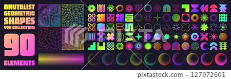 Brutalist geometric shapes, neon modern symbols. Groovy checkered pattern, distorted tiled grid. Simple elements, forms. Retro design, trendy contemporary minimalist style, y2k. Vector illustration Brutalist geometric shapes, neon modern symbols. Groovy checkered pattern, distorted tiled grid. Simple elements, forms. Retro design, trendy contemporary minimalist style, y2k. Vector illustration 127972601