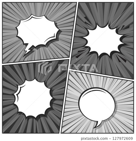 Cartoon comic backgrounds set. Speech bubble. Comics book black and white poster with halftone elements and radial lines. Retro Pop Art style. Vector illustration 127972609