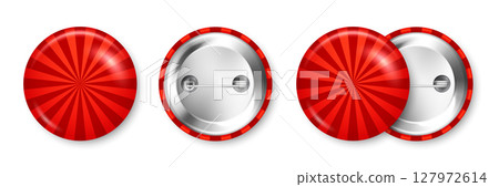 Realistic colorful funky badges. Sunburst effect. Glossy 3D round button. Pin badge, brooch mockup for product promotion and advertising. Vector illustration 127972614