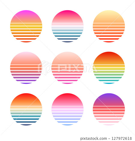 Vintage colorful sunset. Striped gradient sunrise badges in 80s and 90s style. Sun and ocean view, summer vibes, surfing. Design element for print, logo or t-shirt. Vector illustration 127972618