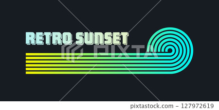 Vintage colorful sunset. Various gradient striped sunrise badges in 80s and 90s style. Sun and ocean view, summer vibes, surfing. Design element for print, logo or t-shirt. Vector illustration Vintage colorful sunset. Various gradient striped sunrise badges in 80s and 90s style. Sun and ocean view, summer vibes, surfing. Design element for print, logo or t-shirt. Vector illustration 127972619