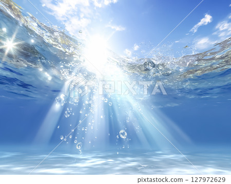 動漫風格的插圖，描繪一個人在水下仰望太陽 127972629