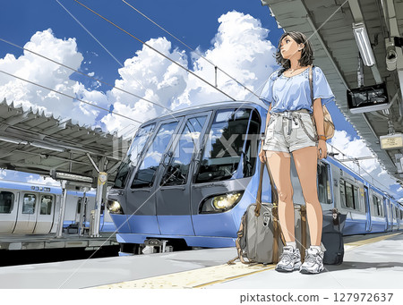 Illustration material of a woman traveling by train 127972637