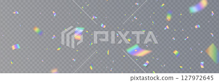 Holographic confetti falling on transparent background. Rainbow light hologram. Prism lens. Shiny festive decor. Crystal texture. Party celebration. Glamour design. Vector Illustration 127972645