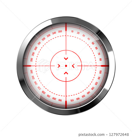 Chrome weapon sight, sniper rifle optical scope. Hunting gun viewfinder with crosshair. Aim, shooting mark symbol. Military target sign, silhouette. Game interface UI element. Vector illustration 127972648