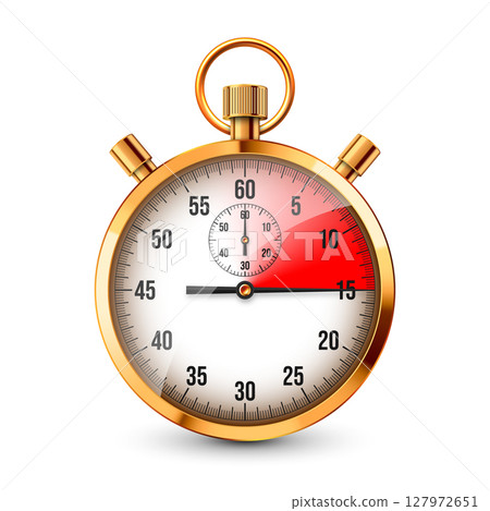 Realistic classic stopwatch. Shiny golden metal chronometer, time counter with dial. Red countdown timer showing minutes and seconds. Time measurement for sport, start, finish. Vector illustration 127972651