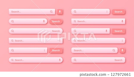 Colorful 3d search bar templates. Internet browser engine with search box, address bar and text field. UI design, website interface element with web icons and push button. Vector illustration Colorful 3d search bar templates. Internet browser engine with search box, address bar and text field. UI design, website interface element with web icons and push button. Vector illustration 127972661