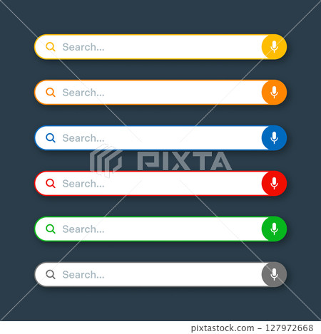 Various search bar templates. Internet browser engine with search box, address bar and text field. UI design, website interface element with web icons and push button. Vector illustration Various search bar templates. Internet browser engine with search box, address bar and text field. UI design, website interface element with web icons and push button. Vector illustration 127972668