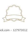 Customizable vector award badge with scalloped edges and ribbon banner, signaling achievement, quality verification, or product branding in versatile design 127973012