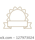 Customizable signaling award badge with scalloped edges and ribbon banner, vector achievement, quality verification, or product branding in versatile design 127973024