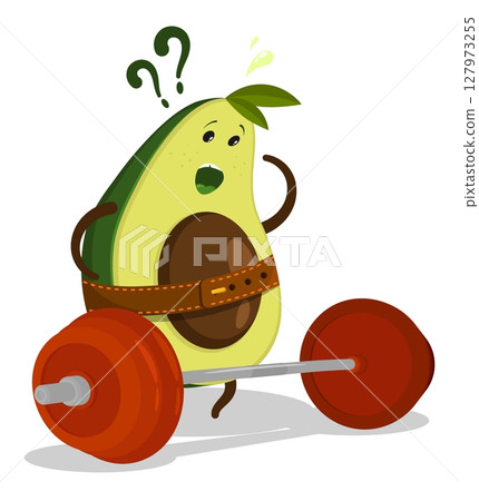 Surprised frustrated avocado athlete weightlifter character confused standing in front of a heavy barbell in the gym. Cartoon vector isolated on white background 127973255