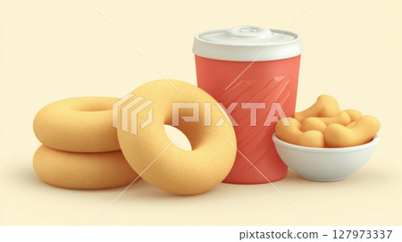 Lifestyle with ultra-processed food. Donuts and red cup with lid are arranged alongside bowl of snacks on light background 127973337