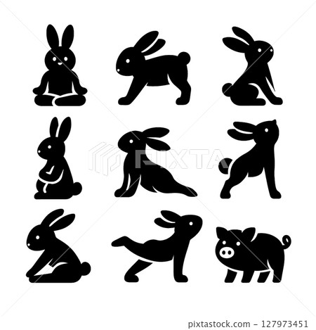 Cute rabbit icons in various poses, showcasing playful and lively expressions 127973451