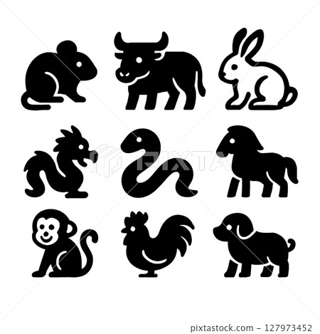 Black silhouettes of various animals including mouse cow rabbit dragon snake horse monkey 127973452
