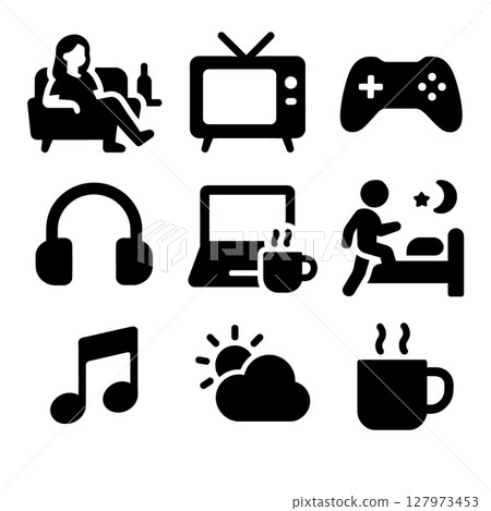 Icons representing leisure activities, including gaming, music, and relaxation 127973453