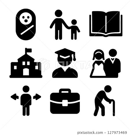 Icons representing life stages, family, education, and career transitions evoke sense of growth 127973469