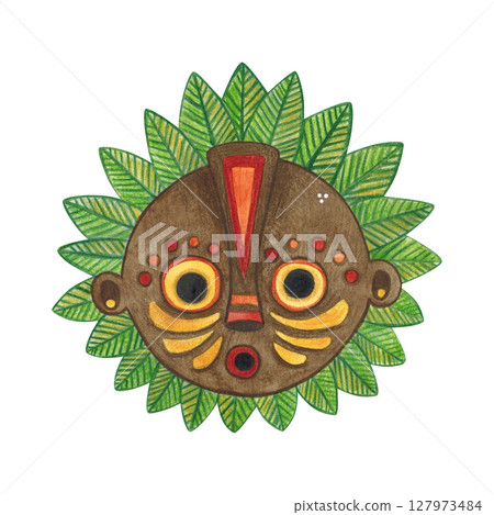 African brown round mask with green leaves and bright color pattern. Watercolor hand drawn illustration, cartoon. Drawing for print, stickers, cards, poster. Africa, mask, bright, holiday, red, orange African brown round mask with green leaves and bright color pattern. Watercolor hand drawn illustration, cartoon. Drawing for print, stickers, cards, poster. Africa, mask, bright, holiday, red, orange 127973484