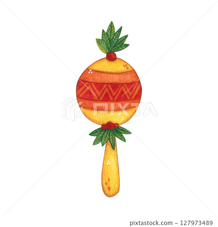Musical instrument maraca decorated with green leaves. Watercolor illustration hand drawn, cartoon. Drawing for print, stickers, cards, poster. Africa, music, instrument, bright, holiday, red, orange 127973489
