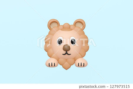 A charming 3D cartoon lion head with paws on a light blue. This cute, stylized animal character features large eyes and a friendly expression, perfect for children's designs or mascots.3d render A charming 3D cartoon lion head with paws on a light blue. This cute, stylized animal character features large eyes and a friendly expression, perfect for children's designs or mascots.3d render 127973515
