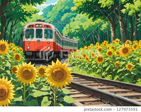 Anime-style illustration of sunflowers and trains 127973591