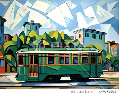 一輛電車在城市中穿梭的流行插畫 127973593