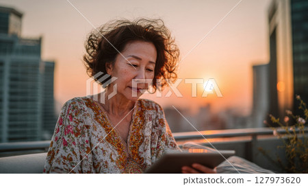 Elderly woman with curly hair reads tablet on rooftop at sunset, surrounded by city buildings 127973620
