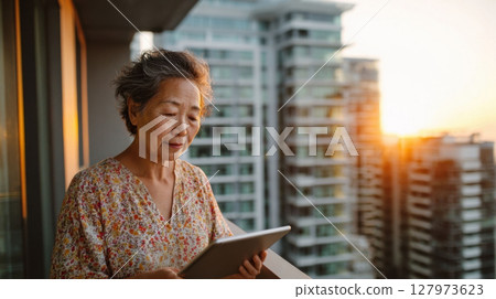 Elderly woman stands on balcony at sunset, reading tablet with skyscrapers in background 127973623