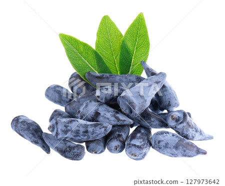 Honeysuckle berry isolated on white background. Fresh honeysuckle blue berry fruits with green leaves. Clipping path. Honeysuckle berry isolated on white background. Fresh honeysuckle blue berry fruits with green leaves. Clipping path. 127973642