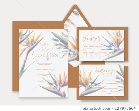 Luxury wedding invitation card background with watercolor tropical flower Strelizia. 127973664