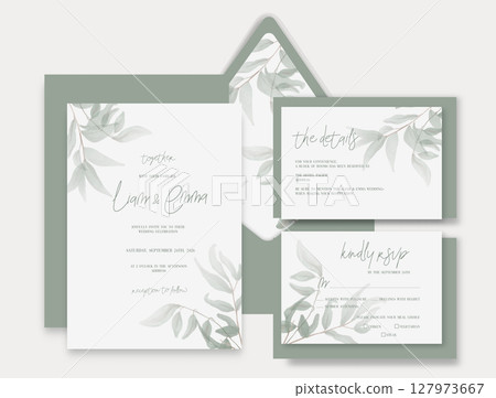 Luxury greenery botanical wedding invitation with watercolor green leaves. 127973667